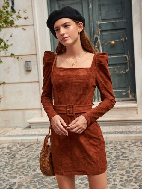 Square Neck Leg-of-mutton Sleeve Buckle Belted Dress Mutton Sleeve, Squared Neckline, Leg Of Mutton Sleeve, Leg Sleeve, Leg Sleeves, Kebaya, Belted Dress, Amazing Products, Shirt Sleeves