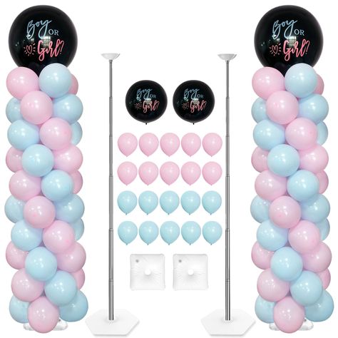 PRICES MAY VARY. The packaging includes 2 sets of balloon columns stand and latex balloons set (48pcs pink with 10'', 48pcs blue with 10'', 2pcs black with 18'') Telescopic poles are free and adjustable from 1.5 to 6.6ft. Specifically designed for gender reveal, this balloon column serves as a creative and visually appealing way to announce the gender of a baby 2 top balloon cups can effortlessly fix both latex and foil balloons The water bag can hold up to 8 lbs of water to weigh down the ballo Cute Gender Reveal Ideas, Gender Reveal Balloon Arch, Balloon Column Stand, Simple Gender Reveal, 2 Balloon, Gender Reveal Balloons, Gender Reveal Party Decorations, Balloon Stands, Baby Gender Reveal Party