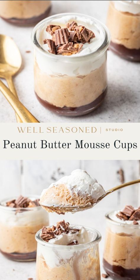 Our Peanut Butter Mousse Cups with chocolate ganache and homemade whipped cream are the perfect rich and creamy dessert to cool off on warm days. Top them with chopped peanut butter cups, chocolate shavings, or crushed peanuts. With just 15 minutes of prep time, these are easy to make and even easier to enjoy! Allow the mousse to chill for at least 1 hour before serving for best texture. GF #wellseasonedstudio #peanutbutter #mousse #chocolateganache Mousse Recipes Easy, Whipped Cream Desserts, Mousse Cups, Dessert Cups Recipes, Parfait Desserts, Peanut Butter Mousse, Mousse Dessert, Peanut Butter Desserts, Easy Peanut Butter