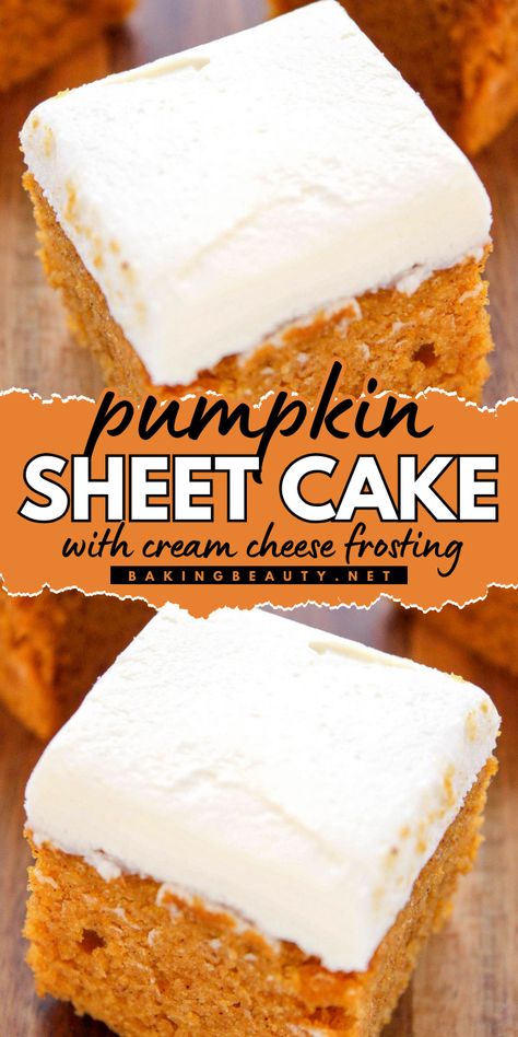 Whip up a Pumpkin Sheet Cake with Cream Cheese Frosting—this dump and bake recipe features sweet cream cheese frosting, making it perfect for simple fall desserts and pumpkin food ideas. Indulge in the ease of this recipe while savoring the flavors of fall! Sheet Cake Pumpkin Bars With Cream Cheese Frosting, Pumpkin Bar Cake, Maple Sheet Cake Recipe, Boxed Pumpkin Cake, Sour Cream Pumpkin Cake, Pumpkin Torte Recipe, Pumpkin Sheet Cake With Cream Cheese Frosting, Cream Cheese Frosting For Pumpkin Bars, Pumpkin Cream Cheese Bundt Cake