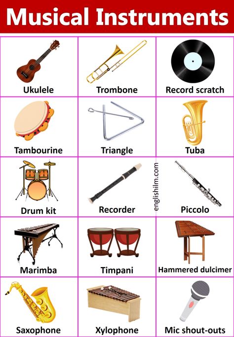 Names of The Musical Instruments with Images | English ilm Kids Songs With Actions, Music Instruments Kids, Produce Music, Brass Musical Instruments, Music Activities For Kids, Study English Language, Urdu Language, Sing Along Songs, Woodwind Instruments