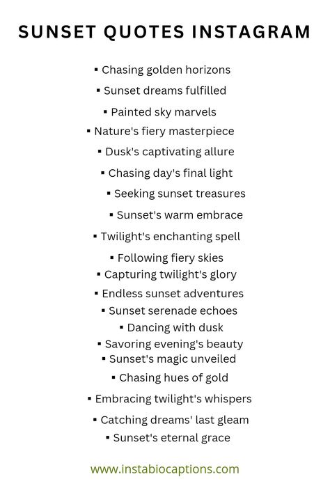 Capture the beauty of dusk with inspiring sunset quotes for your Instagram feed. 🌅 Embrace the breathtaking hues and profound reflections as you immerse yourself in the magic of sunsets. 🌇 Let these soul-stirring quotes paint your captions with warmth and wonder. Share the splendor of nature's farewell with your followers! #SunsetQuotes #InstagramCaptions #SunsetMagic Sunset Reflection Quotes, Caption On Sunset For Instagram, Capture Quotes Photography Words, Sunset Quotes Deep Short, Quotes On Sunset Beauty, Sunset Story Caption, Short Profound Quotes, Soulful Captions, Sunset Short Captions