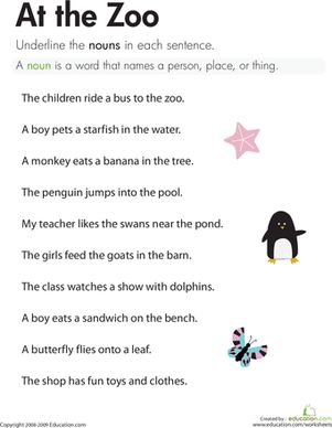 On a trip to the zoo, kids see lots of nouns: animals, people, and more! Kids underline the nouns on this worksheet, which helps them practice identifying parts of speech. #educationdotcom Noun Worksheets 2nd Grade, Second Grade Reading, Worksheets 2nd Grade, Proper Nouns Worksheet, Words Worksheet, Fun Writing Prompts, Worksheets For Class 1, Addition Words, Common And Proper Nouns