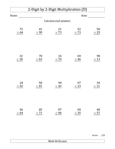 The Multiplying 2-Digit by 2-Digit Numbers (D) math worksheet from the Long Multiplication Worksheet page at Math-Drills.com. Double Digit Multiplication, Free Multiplication Worksheets, Multiplication And Division Worksheets, Printable Multiplication Worksheets, Math Division Worksheets, Math Multiplication Worksheets, Math Fact Worksheets, Math Addition Worksheets, Math Practice Worksheets