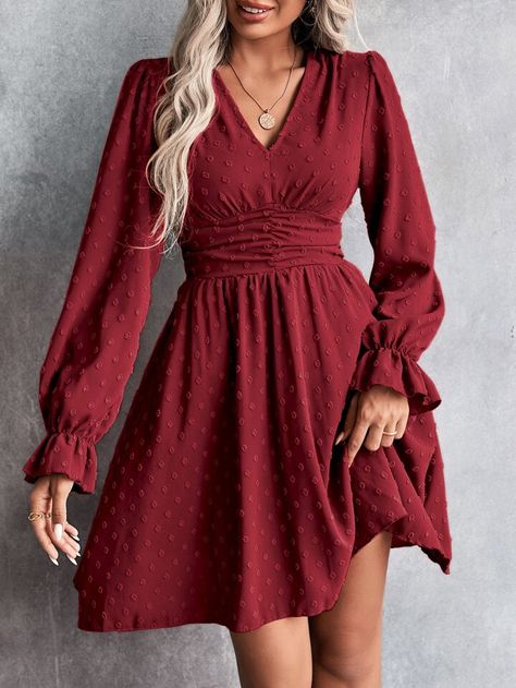 Dark Red Dresses, Maroon Dress, Ruffle Long Sleeve, Flounce Sleeve, Swiss Dot, Business Dresses, Dress For Short Women, Dance Dresses, Club Dresses