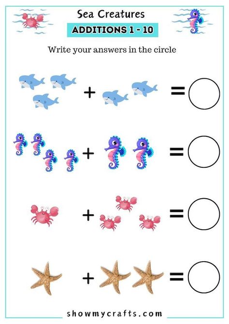 Dive into math fun with our Sea Creatures Addition Worksheet 1-10! 🌊🐠 Let your little ones practice their addition skills while exploring the wonders of the ocean. With adorable sea creatures to count and add, this worksheet makes learning math a splash! Download now for an engaging and educational activity perfect for young learners. 🐙✏ #MathWorksheets #SeaCreatures #LearningFun #PreschoolActivities Sea Creatures Preschool, Under The Sea Activities For Preschool, Addition Worksheet For Kindergarten, Preschool Addition, Teach Addition, Number Recognition Worksheets, Summer Math Activities, Numbers Activities, Addition Worksheet