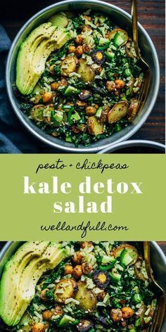 This kale detox salad is the perfect meal for a cleanse, made with whole, real ingredients. Made with a carrot top pesto and roasted vegetables. Avacodo Salad, Kale Detox Salad, Pesto Salad Recipes, Carrot Top Pesto, Diy Salad, Pesto Recipes, Salad Cucumber, Salad Kale, Pesto Salad