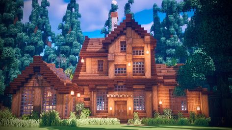 Group Minecraft Houses, Big Oak House Minecraft, Minecraft House In The Woods, Minecraft Wood Cottage, Minecraft Woods House, Minecraft House With Courtyard, Minecraft Realistic Houses, Minecraft Group House, Minecraft Wooden House Ideas