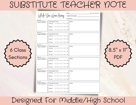 Middle/High School Substitute Teacher Note|Multiple Class Substitute Report|End Of Day Supply Relief Teacher Feedback|Organized Sub Form High School Substitute Teacher, Substitute Report, Sub Binder, Relief Teacher, Absent Students, Homeroom Teacher, Substitute Teaching, 6 Class, Substitute Teacher