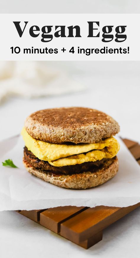 This folded vegan egg is perfect for all your breakfast sandwich needs! Made with chickpea flour and silken tofu, this veganized egg patty has a soft, fluffy texture that you'll love. These eggs are ready in under 10 minutes, making them great for a quick breakfast. #veganegg #silkentofu #chickpeaflour #garbanzobeanflour #veganbreakfast #breakfastsandwich #chickpeafloureggs #silkentofueggs #quickbreakfast #easybreakfast #veganeggrecipes #veganbreakfastrecipes Vegan Egg Sandwich Breakfast, Vegan Egg Breakfast, Tofu Egg Sandwich, Vegan Tofu Eggs, Quick Healthy Vegan Breakfast, Vegan Breakfast Sandwich Recipes, Vegan Egg Sandwich, Tofu Breakfast Sandwich, Vegan Egg Patty