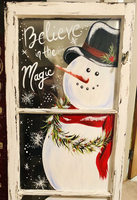 Happy Holidays Window Art, Glass Door Christmas Painting, Christmas Window Painting Snowman, Painted Holiday Windows, Window Decoration Ideas For Christmas, Window Art For Christmas, Christmas Window Painting Colorful, Painted Window Christmas, Snowman Window Art