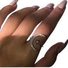 Aesthetic Rings, Moon And Star Ring, Moon Ring, Rhinestone Ring, Star Ring, Cute Rings, Fashion Ring, Hand Jewelry, Girls Jewelry