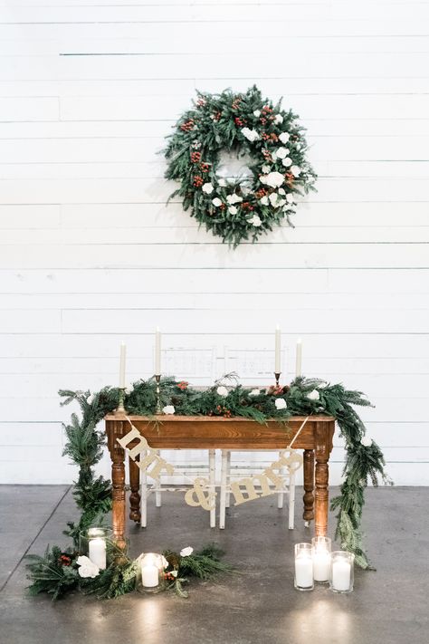 Christmas Sweet Heart Table Wedding, Winter Alter Decorations, Winter Bride And Groom Table, Winter Wedding Gift Table, Christmas Wedding Mantle Decor, Christmas Bride And Groom Table, Head Table Winter Wedding, December Wedding Sweetheart Table, Christmas Head Table Wedding