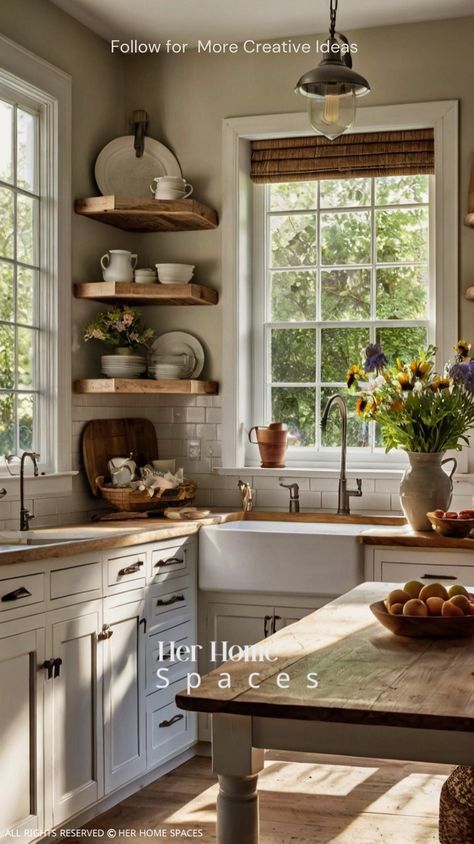 Step into the heart of your home with farmhouse kitchen ideas that embrace rustic charm and timeless design. Whether you're renovating or just looking for inspiration, explore ways to incorporate farmhouse kitchen staples like shiplap walls, butcher block countertops, and farmhouse sinks. Create a cozy, welcoming space where family and friends will love to gather, and bring the beauty of a farmhouse kitchen to life in your own home. Kitchen With Shelves Instead Of Cabinets Farmhouse, Kitchen With Shelves Above Sink, Open Shelves Next To Sink, Open Shelves Kitchen Window, Farmhouse Kitchen Open Shelving Ideas, Narrow Farmhouse Kitchen, Farmhouse Kitchen With Open Shelving, Kitchen With Shelves Instead Of Cabinets, Styling Open Shelves In Kitchen