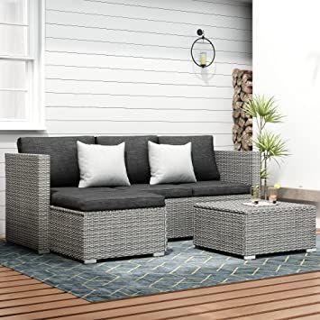 Patio Furniture Sectional Sofa Set – 3 Piece All Weather Resin Wicker Outdoor Conversation Set Black Washable Cushions & Coffee Table | Garden | Backyard | Pool | 2 Throw Pillows | 2 Clips Classic Patio Furniture, Wicker Outdoor Sectional, Sectional Patio Furniture, Outdoor Sofa Sets, Patio Sectional, Conversation Set Patio, Coffee Table Square, Outdoor Sectional, Patio Furniture Sets