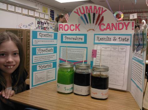 Sweet Science Fair Project: Growing Rock Candy Rock Candy Experiment, Kids Science Fair Projects, Easy Science Fair Projects, Science Fair Board, Science Fair Experiments, Candy Experiments, Science Fair Projects Boards, Candy Science, Science Fair Project