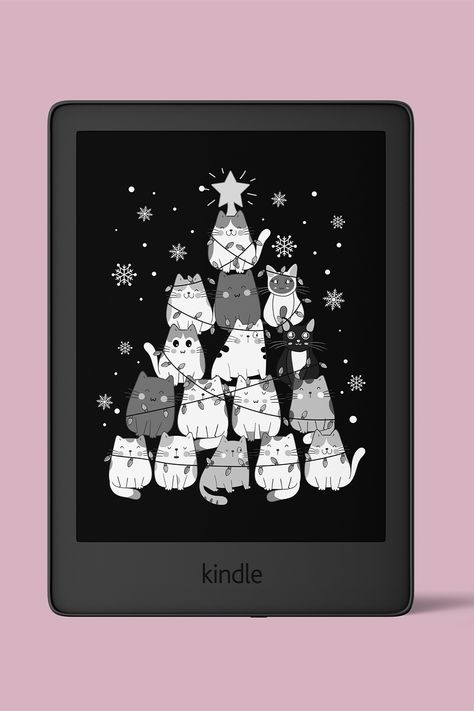 Kindle paperwhite custom lock screen design. Features cats on top of each other to form a tree shape like a pyramid. Decorated with christmas features like a star on top, christmas lights, sparkles and ugly sweaters. Snowflakes are in the background of the kindle screen saver as well. Christmas Kindle Wallpaper, Kindle Lockscreen, Kindle Lock Screen, Kindle Wallpaper, Holiday Reading, Kindle Paperwhite Case, Kindle Book Cover, Cat Christmas Tree, Kindle Cover