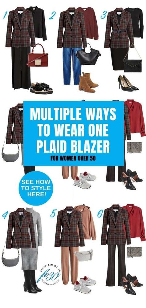 Here is how to wear a plaid blazer for women over 50 with options to style it 6 very different ways. Wear it for work, cocktails or casual. #style #fashion #plaid #over 50 Plaid Jackets For Women Casual Outfits, Brown Plaid Blazer Outfit Casual, Brown Plaid Blazer Outfit, Plaid Blazer Outfit Women, Plaid Blazer Outfit, Blazer Outfits Casual, Blazer For Women, Fall Blazer, Petite Blazer