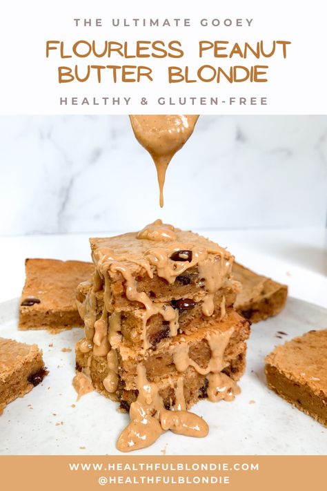 Healthy flourless peanut butter blondies made with only 6 ingredients. These tasty and super gooey blondies are low-carb, dairy-free, and refined sugar-free. Whether you are looking for a simple afternoon snack or post-dinner treat, these blondies are you. They may be gluten and grain-free, but boy are they delicious! The perfect healthier dessert for everyone: kids, athletes, and adults! #peanutbutter #glutenfree #glutenfreerecipes #healthydessert #healthybaking Pumpkin Blondies, Peanut Butter Blondies, Blueberry Crumble Bars, Gluten Free Sugar Cookies, Pumpkin Chocolate Chip Muffins, Peanut Butter Pumpkin, Healthy Chocolate Chip, Peanut Butter Desserts, Gluten Free Desserts Recipes