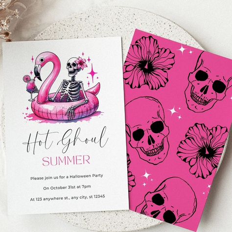 Hot Ghoul summer 💀🩷☀️ Summerween is here! Gather your ghoulfriends for a poolside summer Halloween party like no other. This fun summer skeleton design is the perfect way to celebrate your next ghouls Halloween party or Halloween pool party! This candy pink and black Halloween digital invitation template set comes in a 5x7'' printable version & a FREE animated digital mobile invitation too. #summerween #summerween2024 #hotghoulsummerween #hotghoulsummer #spookysummer #pinkhalloween #hallow... Hot Ghoul Halloween, Spooky Pool Party, Halloween Girls Night Invitations, Summerween Invitation, Halloween Happy Hour Invite, Neon Halloween Party Invitations, Summer Pool Party, Black Halloween, Pink Halloween