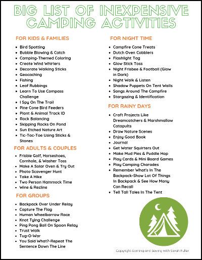 Big List of Inexpensive Camping Activities - Earning and Saving with Sarah Friend Camping Trip Ideas, Outdoor Camp Activities, Aunt Camp Ideas, Camp Counselor Ideas Activities, Teen Summer Camp Activities, Adult Camping Activities, Camp Activities For Adults, Camping Activities For Teens, Summer Camp Activities For Teens