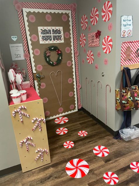 School christmas door decorations Candy Cane Lane Door Decorations, Candy Cane Door Decorations For School, Candy Cane Door Decoration, Office Christmas Door Decorations, Deck The Halls School Ideas, Class Door Decorations, Nurse Office Decor, Cabinet Organization Ideas, Cane Door