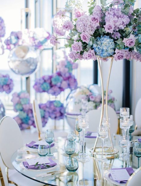 Purple and Blue Hydrangea Purple And Blue Event Decor, Blue Purple Quinceanera Theme, Light Blue And Purple Quinceanera Dresses, Purple And Blue Engagement Party, Garden Style Centerpieces Wedding, Blue Purple Decorations, Blue And Purple Party Decor, Royal Blue And Lilac Wedding Theme, Lilac And Blue Wedding Decor