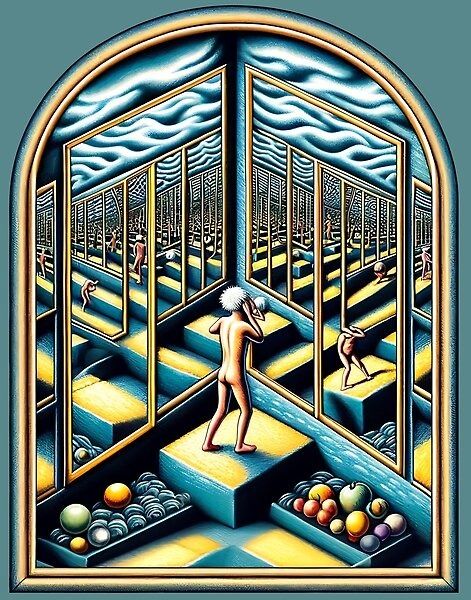 "What Difference Does It Make?" by The Smiths, depicted in the style of Surrealism and enclosed in a cartouche. The artwork features a figure trapped in a maze of mirrors, exploring the complexities of identity and existence. Expanded Painting, Mirror Maze, The Smiths, Character Ideas, Dream Kitchen, Will Smith, Surrealism, Poster Design, Mirror