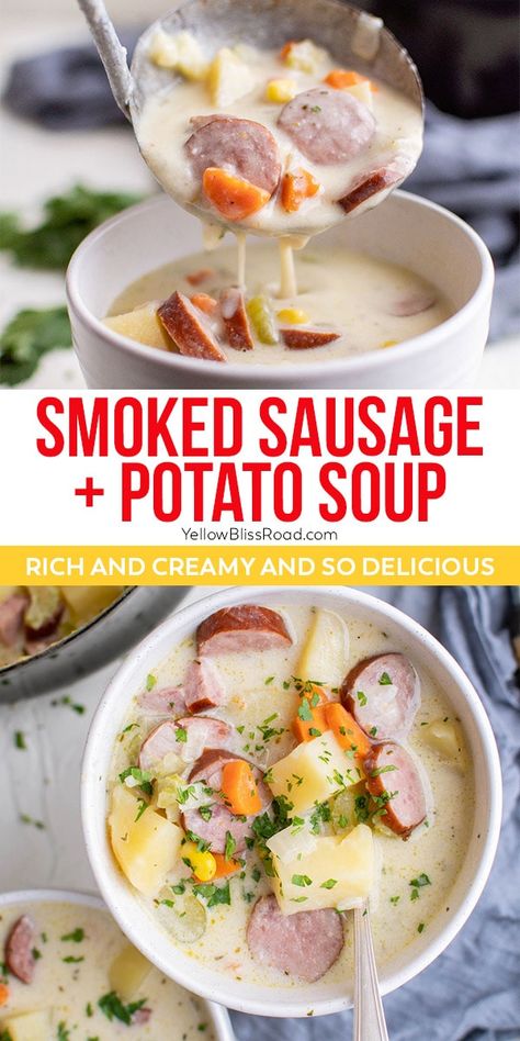 Smoked Sausage And Potato Soup Crock Pot, Kielbasa Sausage Potato Soup, Sausage Potato Crockpot Soup, Potatoe Sausage Soup Recipes, Potatoe And Sausage Soup Creamy, Smoked Potato Soup, Smoked Sausage And White Bean Soup, Potato Farmer Sausage Soup, Instapot Sausage Potato Soup