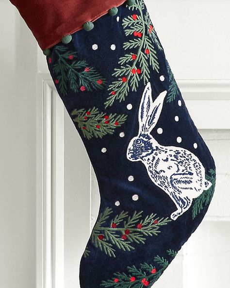 A sophisticated yet whimsical collection of stockings, handcrafted in soft cotton velvet and featuring charming woodland icons. A mix of embroidery, appliqué detailing, and pom-pom trim adds eye-catching dimension. Crafted with heirloom quality to be a beloved addition to your mantel, year after year. Exclusive. Made by hand. Hanging loop. Due to handcrafting, subtle variations will occur. Embroidered Stockings Christmas, Embroidery Stocking, Nutcracker Stocking, Christmas Stockings Ideas, Embroidered Christmas Stocking, Woodland Whimsy, Unique Christmas Stockings, Embroidered Stockings, Enchanting Forest