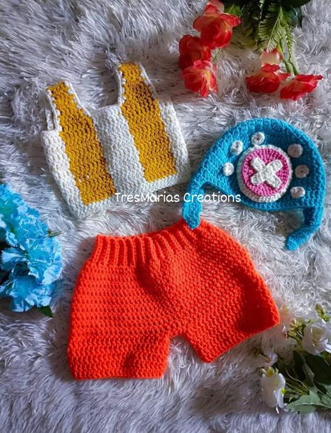 Crochet costume featuring the one piece character tony tony chopper Chopper Costume, Crochet Costumes, Tony Tony Chopper, Tony Chopper, Crochet Flowers Free Pattern, Anime Baby, Baby Crochet, Chopper, Crochet Dress