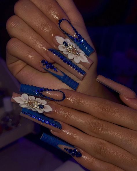 Royal Blue And Gold French Tip Nails, Blue Xxl Nails, Royal Blue Nails Acrylic Long, Royal Blue Long Nails, Hanukkah Nails, Buchona Nails, Blue Bling Nails, Detailed Nails, Future Nails