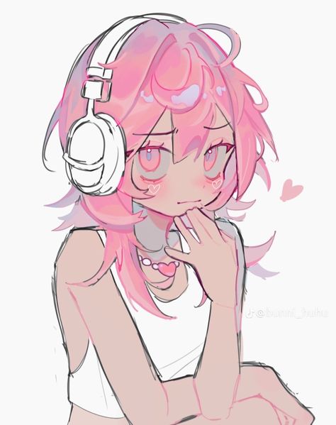 A Drawing, Pink Hair, A Girl, Headphones, Hair, Pink, Art