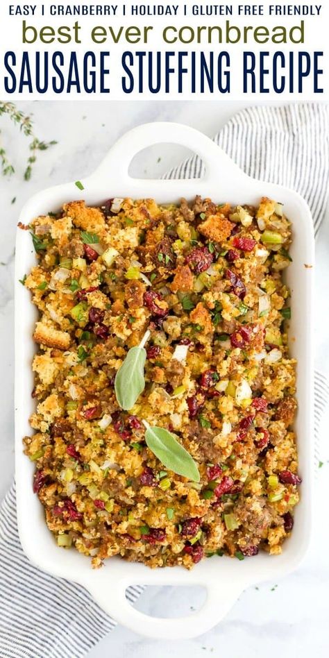 The Best Ever Cornbread Sausage Stuffing has a sweet and savory blend of cornbread, Italian sausage, sautéed vegetables, cranberries and herbs, all baked to golden brown deliciousness. It's the perfect healthy side dish this holiday season! #thanksgiving #christmas #holidayrecipes #joyfulhealthyeats #cornbread #glutenfree #recipessausage #homemade Cornbread Sausage Cranberry Stuffing, Stuffing Recipes With Cornbread, Cornbread And Sausage Stuffing, Best Ever Cornbread, Sausage Cornbread Dressing, Cornbread Stuffing With Sausage, Cornbread Sausage Stuffing, Thanksgiving Dinner Plates, 2023 Thanksgiving