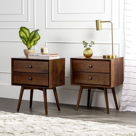 Wade Logan® Akshan Solid Wood Nightstand & Reviews | Wayfair Boho Bedroom Nightstand Bedside Tables, Retro Bedside Table Ideas, Nightstand Aesthetic Bohemian, Small Wood Nightstand, Bedside Table Wooden, Mid Century Bedding Ideas, Solid Wood Nightstand, Mid Century Bedside Table, Bedside Table Boho