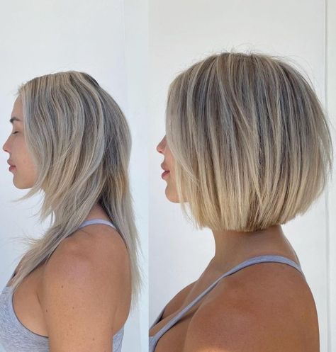 Short Blonde Bob Before and After Pelo Color Ceniza, Ash Blonde Short Hair, Short Blonde Hair Ideas, Long Sleek Hair, Short Blonde Bobs, Short White Hair, Short Hair Highlights, Blonde Hair Ideas, Silver Blonde Hair