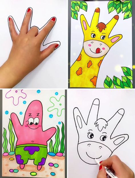 Easy Animal Hand Drawing Tricks with Palm | animal, hand | How To Draw Any Animal With Your Hand :) | By Kids Art & Craft Tracing Hands Art, Drawing Animals With Hand, Traced Hand Art, Palm Art Drawing, Hand Trace Art, Animal Hand Drawing, Hand Animals Drawing, Drawing Club Ideas For Kids, Hand Tracing Art