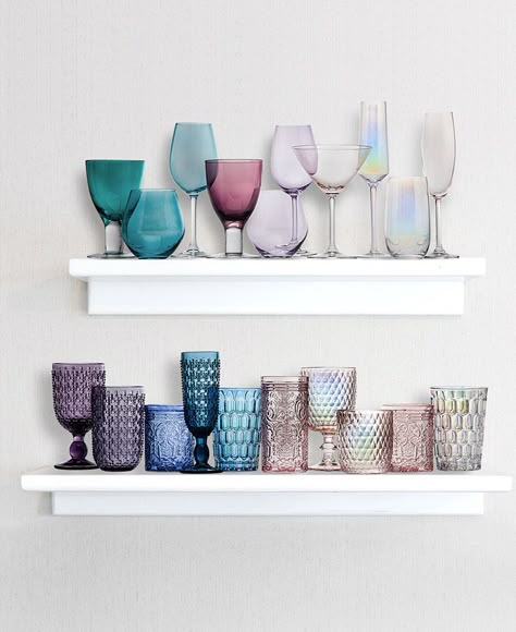 Modern Vintage Colored Glass Collection Colored Glass Collection, Mixed Glassware, Coloured Glassware, Joy Cho, Desain Pantry, Tumbler Glasses, Colored Glasses, Colored Glassware, Red Wine Glasses