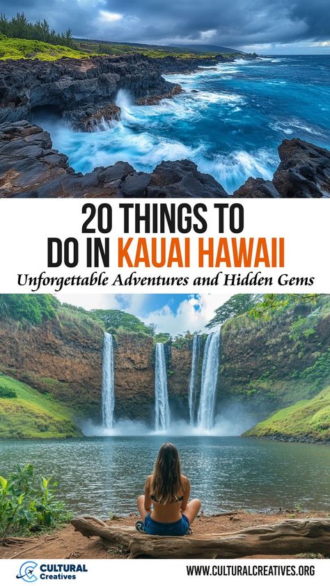 A rugged coastal view of crashing waves against black lava rocks and a serene scene of a woman sitting in front of a waterfall, highlighting the natural beauty and adventure opportunities for 20 Things to Do in Kauai Hawaii. Best Luau In Kauai, Must Do In Kauai, Hilo Hawaii Things To Do In, "kaui Hawaii", Kauai Hawaii Things To Do In, Kuai Hawaii, Kauai Hawaii Aesthetic, Kaui Hawaii, Hawaii Must Do