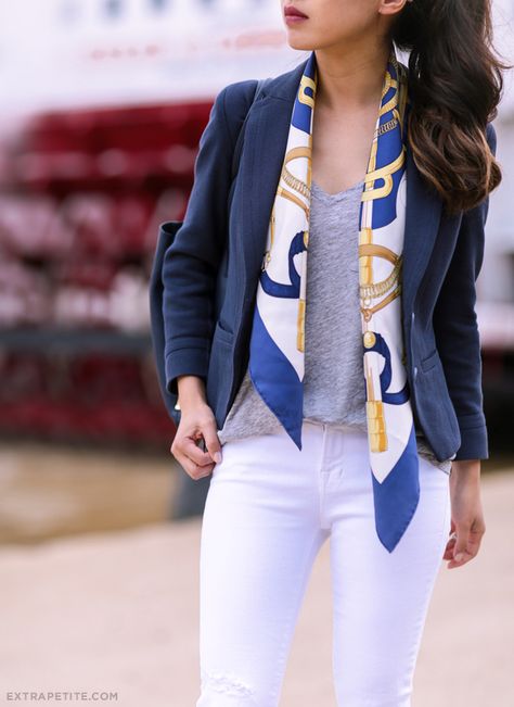 ExtraPetite.com - Nautical navy   cork (plus two ways to fold a silky scarf) Silk Scarf Outfit, Outfit Mit Blazer, Silk Scarf Style, Ways To Wear A Scarf, Head Scarf Styles, How To Wear A Scarf, Scarf Outfit, Blazer Outfit, Hermes Scarf