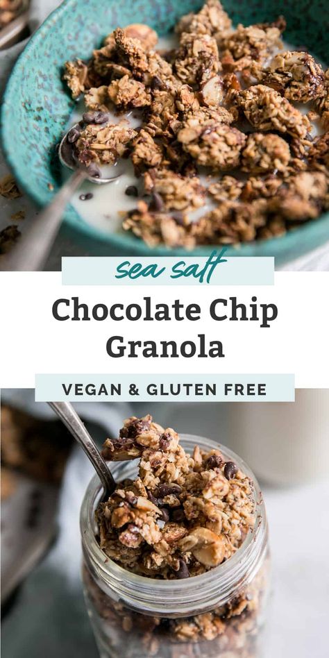 Chocolate Chip Granola Recipe, Stovetop Granola, Chocolate Chip Granola, Fit Mitten Kitchen, Vegan Granola, Granola Recipe Homemade, Sea Salt Chocolate, Baked Granola, Gluten Free Granola