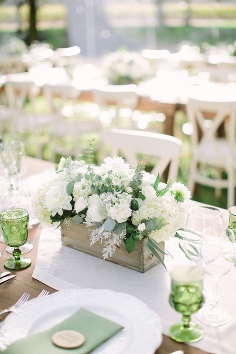 Rustic white & green wedding centerpiece in wood box / http://www.himisspuff.com/wooden-box-wedding-decor-centerpieces/10/ Green Wedding Centerpieces, Greenery Wedding Centerpieces, Cheap Wedding Centerpieces, Low Centerpieces, Nature Inspired Wedding, Elegant Wedding Reception, Rustic Centerpieces, Rustic Wedding Centerpieces, Flower Centerpieces Wedding