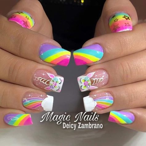 Unicorn Nails Designs, Unicorn Nail Art, Disney Acrylic Nails, Kids Nail Designs, Bright Nail Designs, Girls Nail Designs, Pop Art Nails, Nail Art For Kids, Unicorn Nails