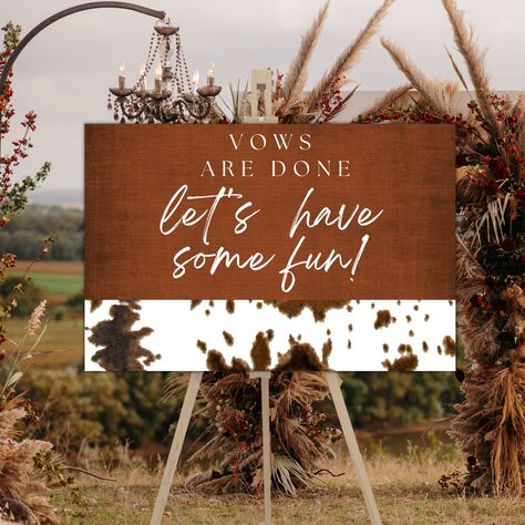 Wedding sign vows are done lets have some fun sign template for your country western theme wedding.  SIGN SIZE: 36 x 24 MATCHING ITEMS IN STORE: https://www.etsy.com/ChellesWeddingInvite/listing/1481011753/country-western-wedding-reception-menu?utm_source=Copy&utm_medium=ListingManager&utm_campaign=Share&utm_term=so.lmsm&share_time=1683920365550 https://www.etsy.com/ChellesWeddingInvite/listing/1466180450/wedding-reception-signs-template-bundle?utm_source=Copy&utm_medium=ListingManager&utm_campaign=Share&utm_term=so.lmsm&share_time=1683852958566 https://www.etsy.com/ChellesWeddingInvite/listing/1466270868/country-western-wedding-invitation?utm_source=Copy&utm_medium=ListingManager&utm_campaign=Share&utm_term=so.lmsm&share_time=1683852936994 https://www.etsy.com/ChellesWeddingInvite/listing Basic Backyard Wedding, Farm Wedding Ideas Country Reception, Country Themed Wedding Decorations, Country Reception Ideas, Western Wedding Welcome Sign, Country Wedding Reception Decorations, Yellowstone Wedding Theme, Western Wedding Signs, Western Wedding Aisle