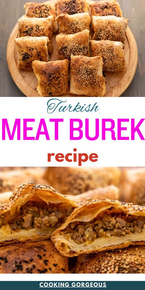 Turkish savory pastry made with spiced beef mixture wrapped in yufka pastry, baked in the oven until golden and crispy. Meat Burek Recipe, Burek Recipe, Borek Recipe, Turkish Recipes Desserts, Beef And Onions, Savory Pastries, Packed Lunches, Meat Pies, Serbian Recipes