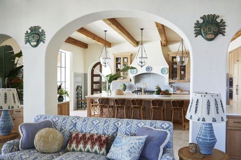 sara gilbane sea island house tour kitchen Sea Island Georgia, Blue Kitchen Designs, Arched Doorway, Veranda Magazine, Durable Outdoor Furniture, Custom Chandelier, Island House, Elegant Centerpieces, Island Kitchen