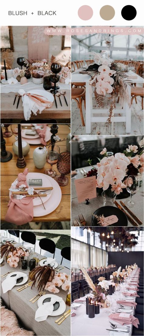 Blush And Black Wedding, Blush Pink And Black Wedding, Black And Pink Wedding, Wedding Styles Themes, Colour Wedding, Beauty Plan, Debut Ideas, Colored Wedding Dress, Wedding Color Ideas