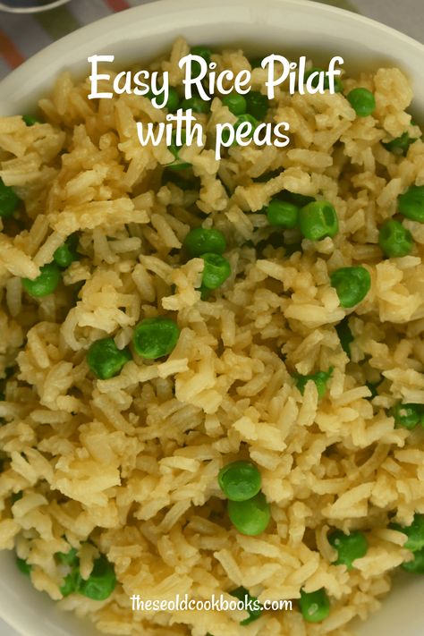 Easy Rice Pilaf with Peas Recipe - These Old Cookbooks Basmati Rice Recipes Easy, Basmati Rice Pilaf, Vegetable Rice Pilaf, Easy Rice Pilaf, Brown Rice Pilaf, Basmati Rice Recipes, Rice Pilaf Recipe, Rice Side Dish Recipes, Old Cookbooks