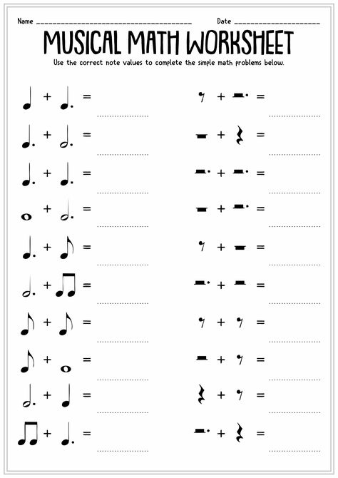 Printable Music Note Math Music Note Printable Free, Music Worksheets For Kids Printables, Value Worksheet, Learning Music Notes, Piano Worksheets, Rhythm Worksheets, Note Values, Studying Music, Music Theory Piano