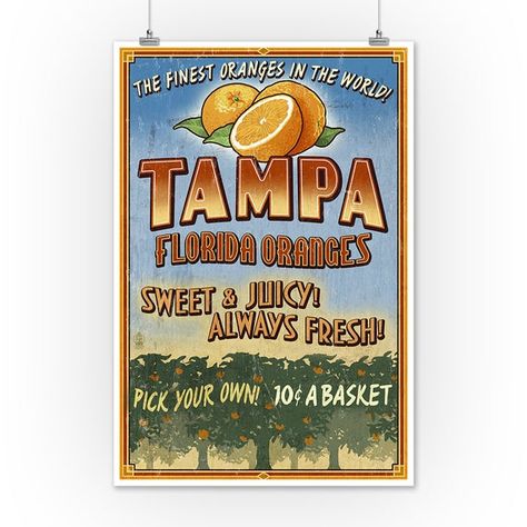 Tampa, Florida - Orange Grove Vintage Sign (Art Prints, Wood & Metal Signs, Canvas, Tote Bag, Towel) Florida Oranges, Wood Postcard, Orange Grove, Wall Pics, Bedroom Wall Collage, Posters For Room, St Petersburg Florida, Retro Travel Poster, Orange Aesthetic